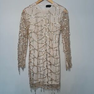 PrettyLittleThing Nude Sequin Long Sleeve Mini Dress